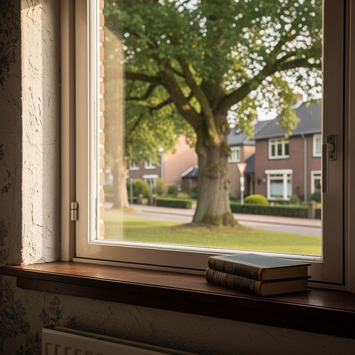 Woonkamer woning Hengelo met vensterbank en uitzicht door kunststof kozijnen op lommerrijke straat