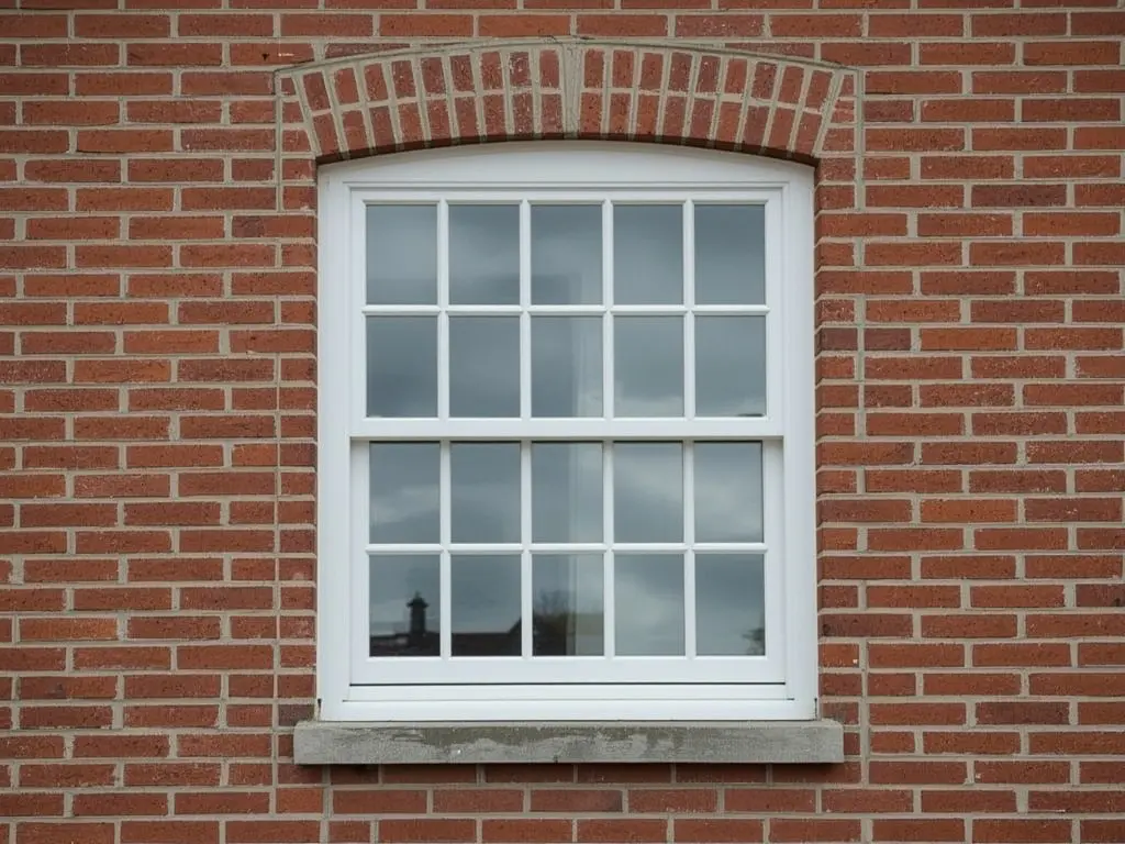 Detailopname van een wit kunststof kozijn tegen een rode bakstenen gevel van een woning in Denekamp