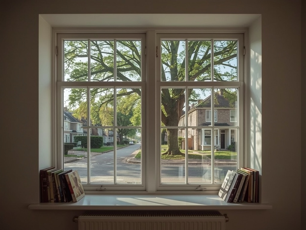 Interieur woning Losser met uitzicht door kunststof kozijn op een groene woonstraat
