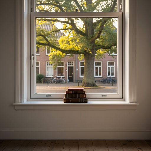 Zicht vanuit de woonkamer in Oldenzaal door kunststof kozijnen op een groene woonstraat