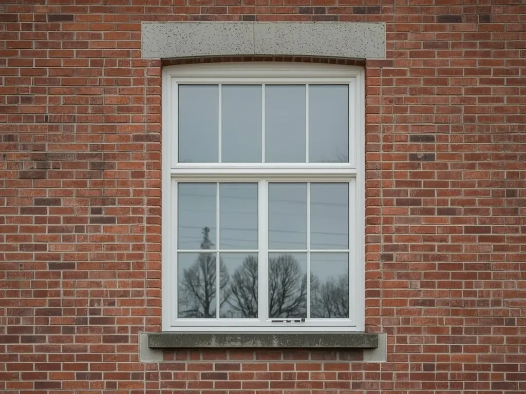 Close-up kunststof kozijn wit op rode bakstenen gevel arbeiderswoning Almelo