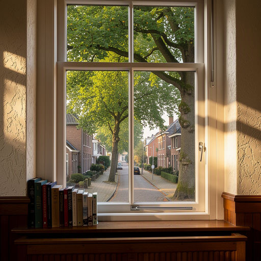 Binnenzicht van een woonkamer in Gronau (DE) met uitzicht via kunststof kozijnen op een groene grensstraat