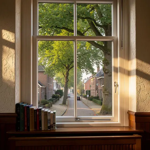 Binnenzicht van een woonkamer in Gronau (DE) met uitzicht via kunststof kozijnen op een groene grensstraat