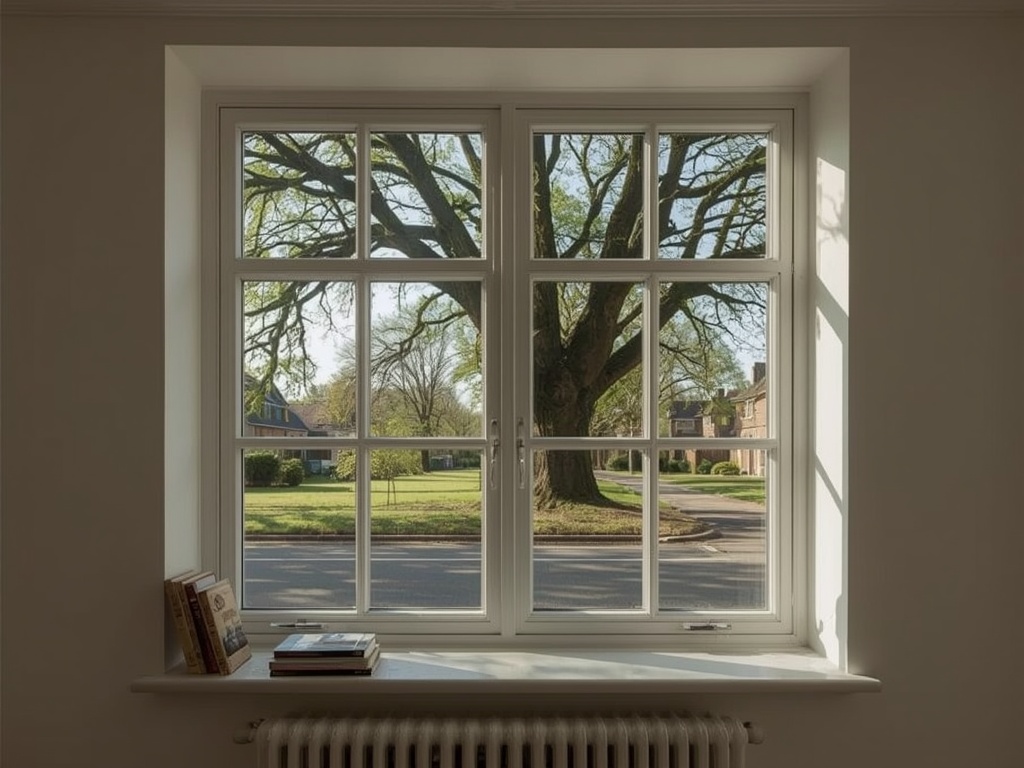 Interieur van een huis in Denekamp met uitzicht door een groot kunststof kozijn op een rustige straat met eikenbomen