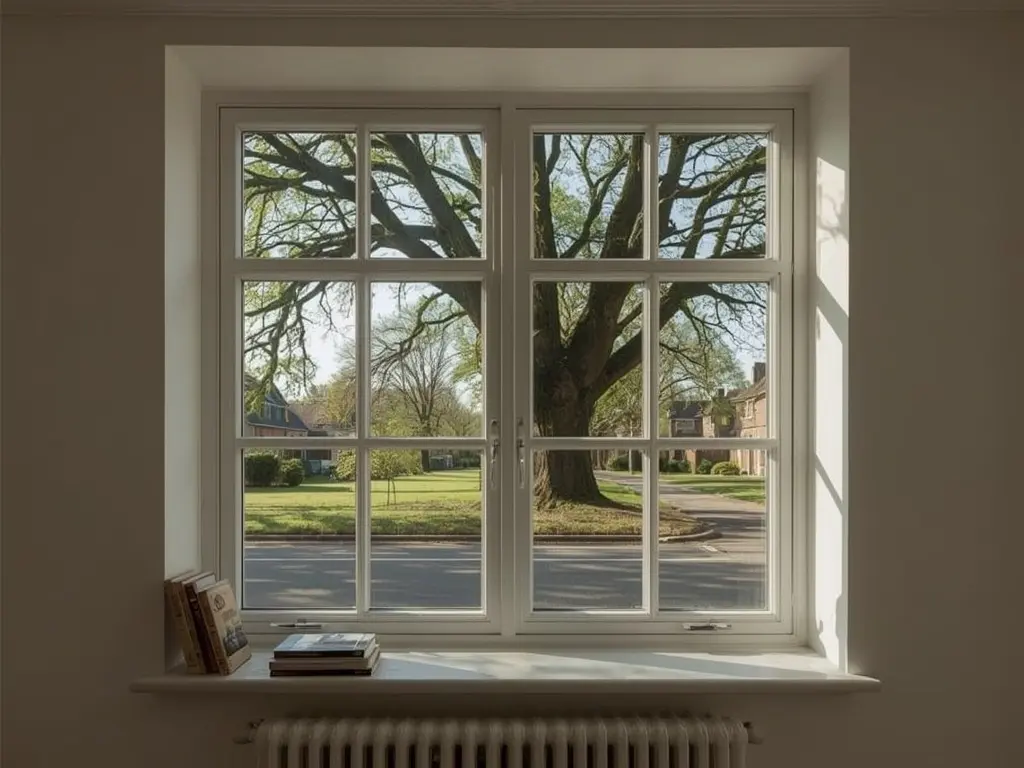 Interieur van een huis in Denekamp met uitzicht door een groot kunststof kozijn op een rustige straat met eikenbomen