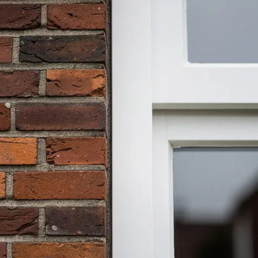 Detailopname antraciet kunststof kozijn gecombineerd met houten gevelbekleding in een woning te Haaksbergen