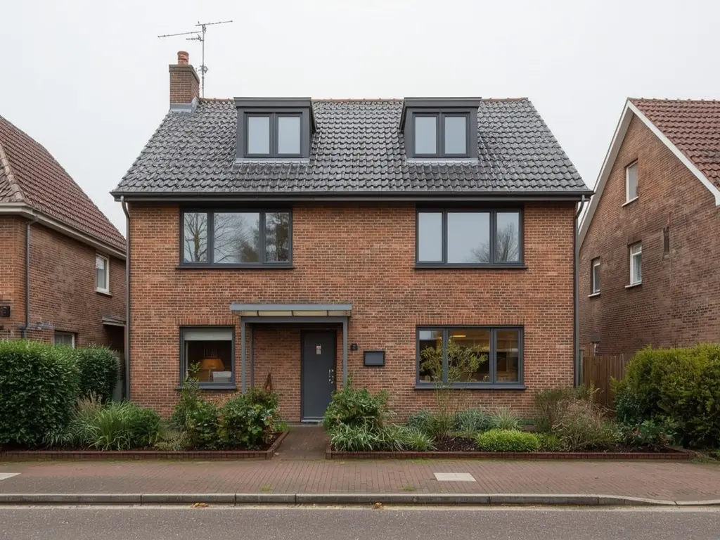 Moderne twee-onder-een-kapwoning Haaksbergen met witte kunststof kozijnen en groene beplanting