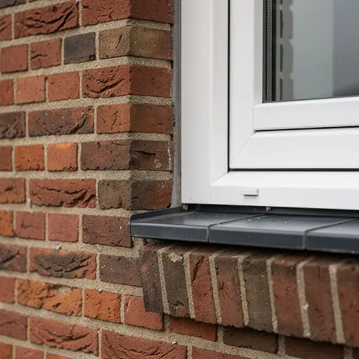 Detailopname van een wit kunststof kozijn op een rode bakstenen muur bij een woning in Gronau (DE)