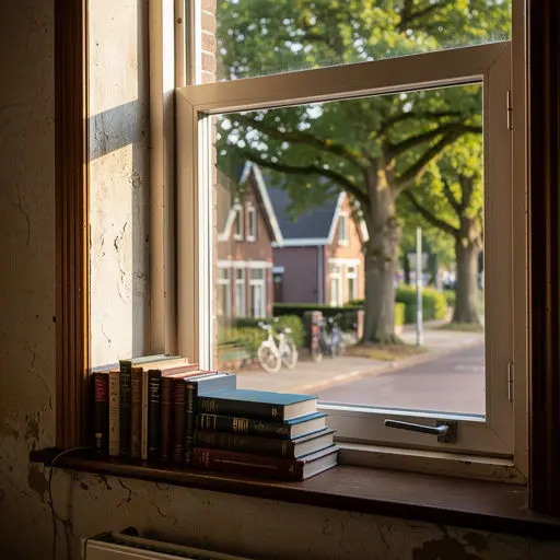 Interieur woning Enschede met uitzicht door kunststof kozijnen op straat met eikenbomen